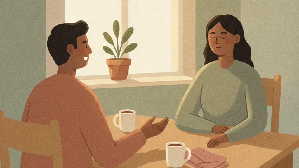 A person sitting at a kitchen table across from someone, listening quietly with a considered expression, illustrating accepting an apology without rushing to forgive
