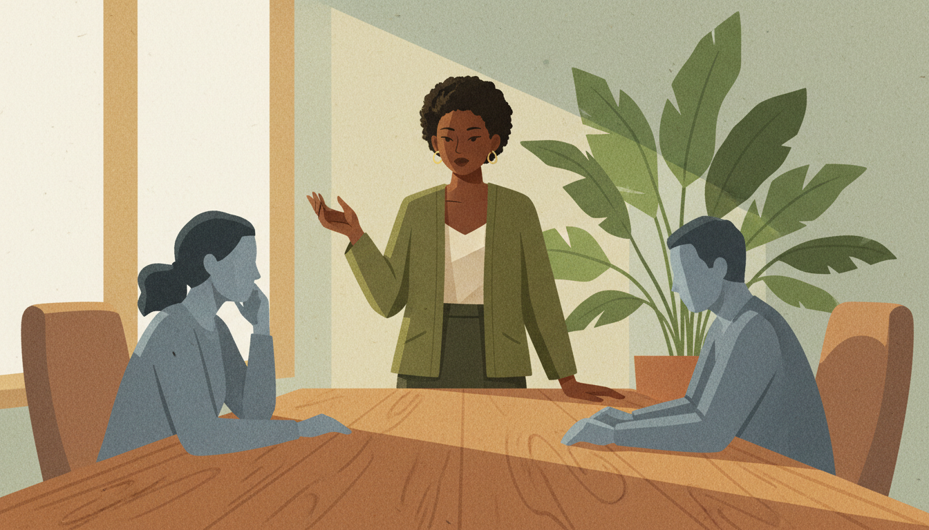 Professional confidently speaking up in a meeting, representing assertiveness at work