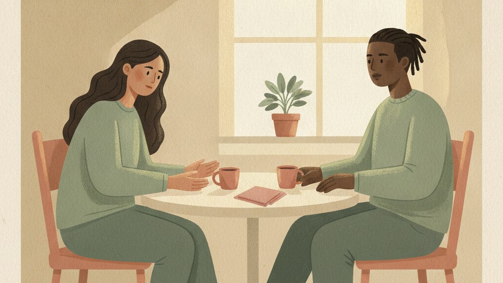 Two figures across a small table mid-conversation, one leaning forward with hands open, illustrating how to apologize in a way that opens conversation