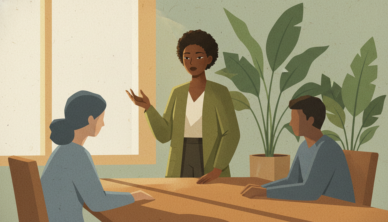 Open workbook with assertiveness exercises and a pen, ready for practice