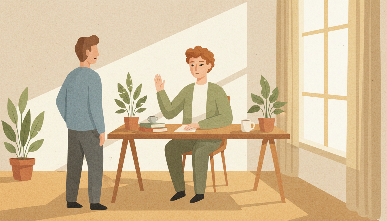 Professional at their desk with a calm expression, representing workplace boundaries