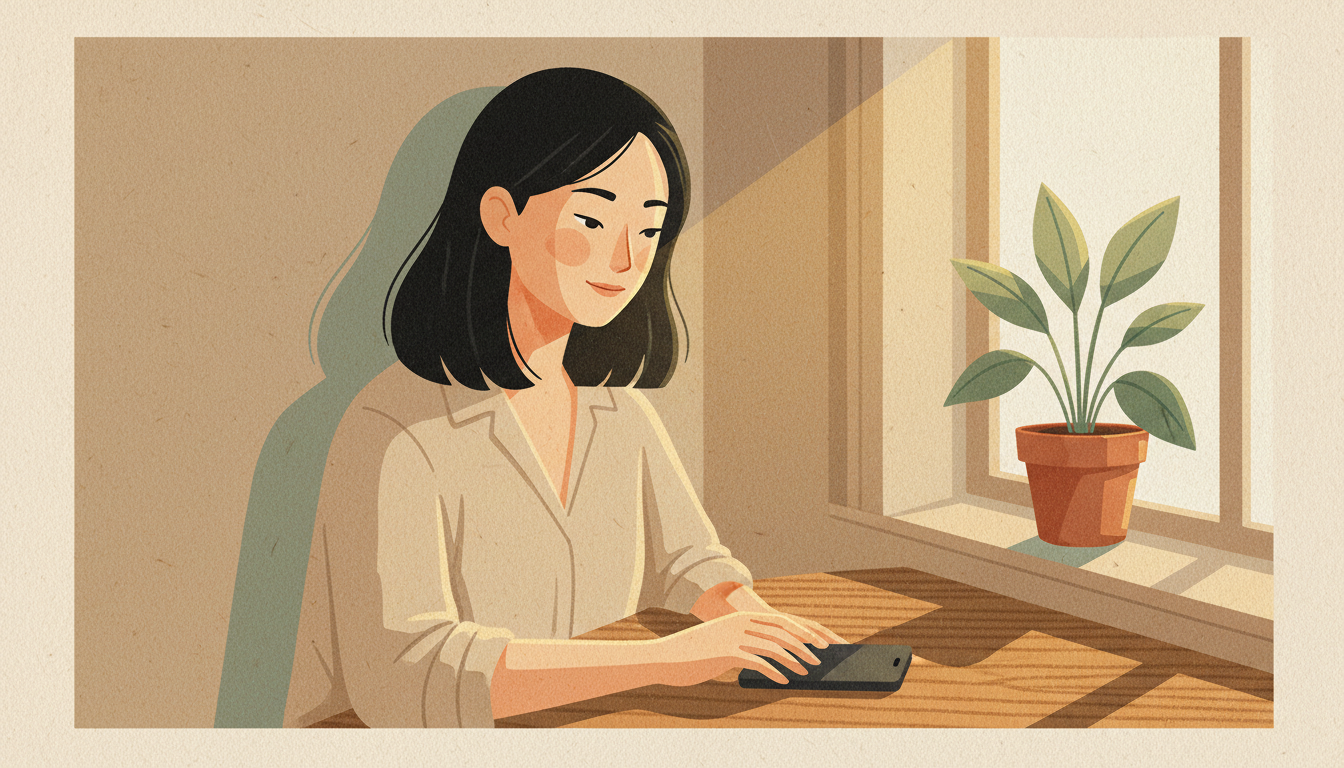 Person setting their phone down on a table and looking out the window, representing digital boundaries