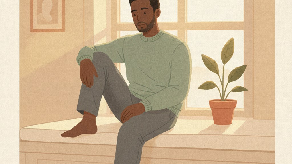 A figure seated by a sunlit window with hands resting open in their lap, illustrating earned secure attachment as a state of relaxed groundedness