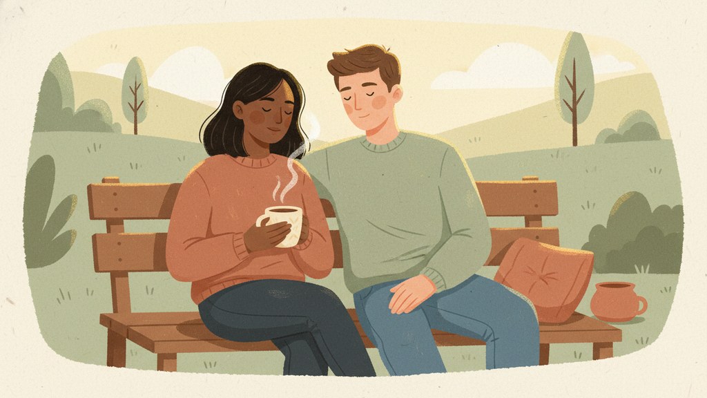 Two people sitting comfortably together on a porch, looking calm and connected, representing healthy relationship green flags