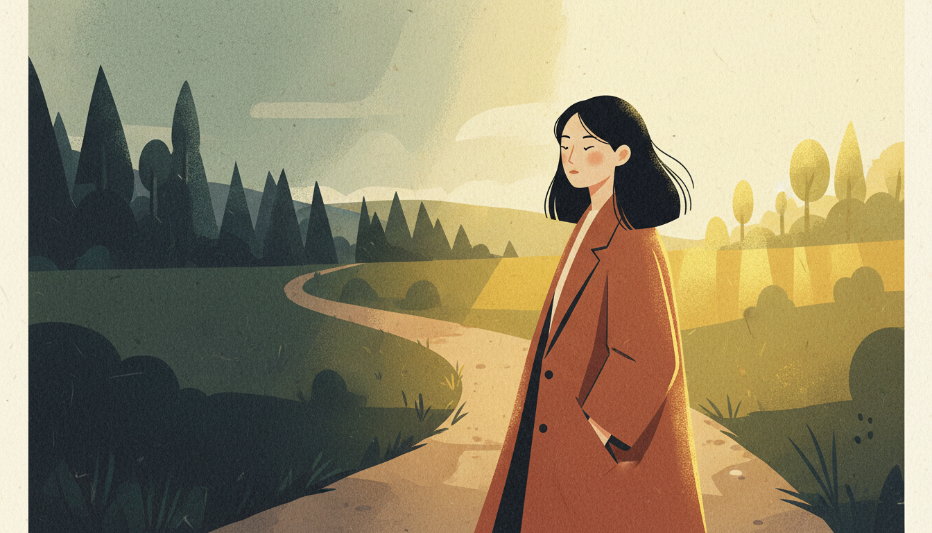 Person walking forward on a clear path toward sunlight, leaving a difficult situation behind