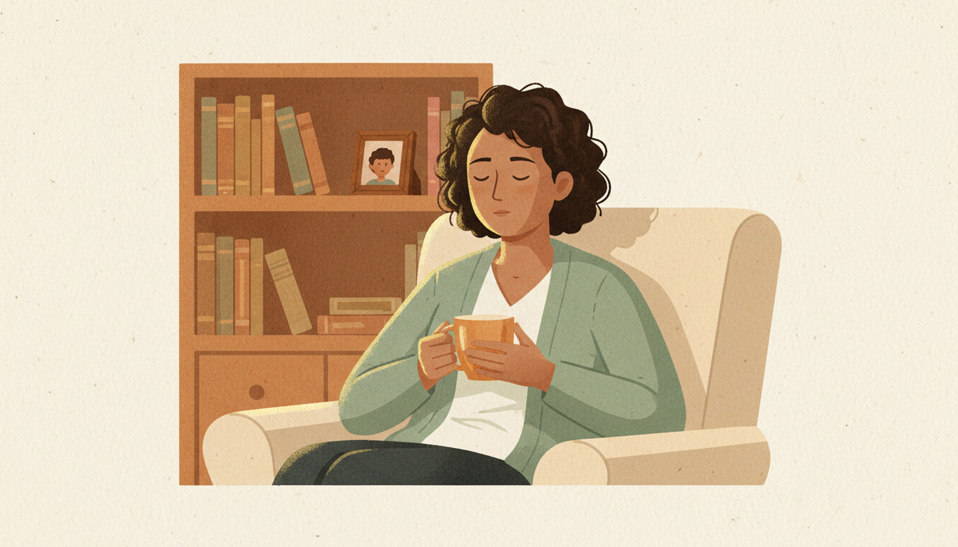 Parent and adult child having a respectful conversation across a table with clear personal space