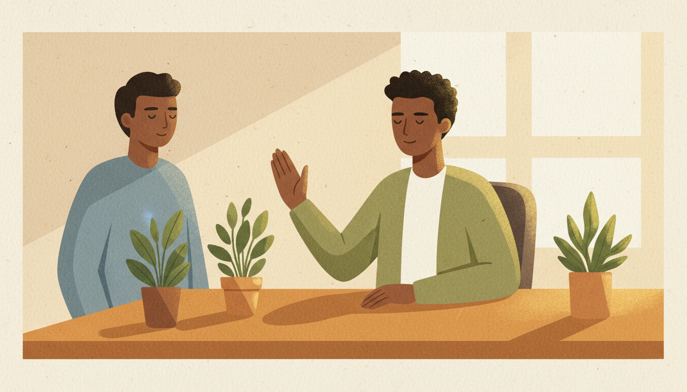 Professional maintaining healthy distance from pushy coworker, representing boundaries with coworkers