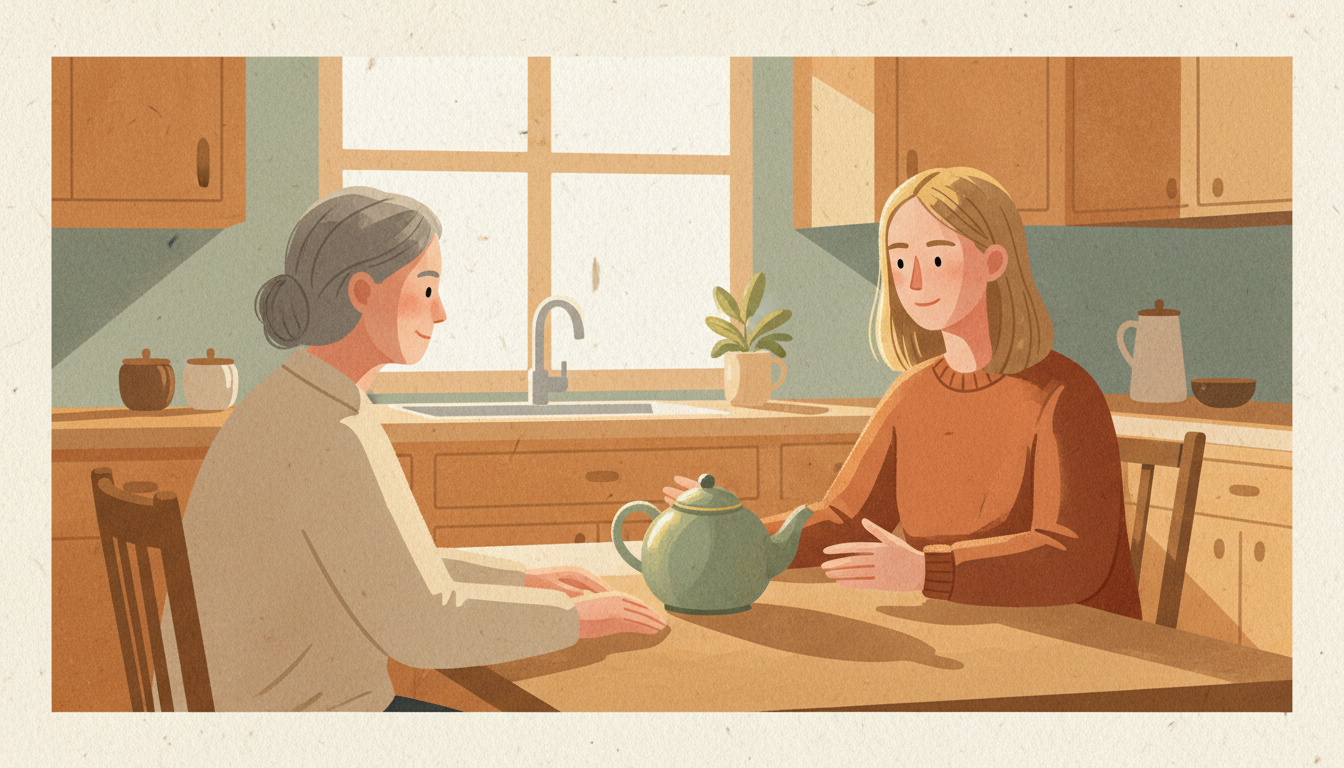 Family gathering where one person calmly maintains their personal space and limits