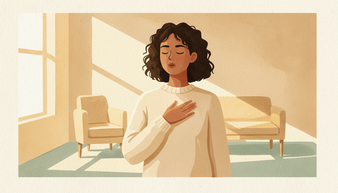 Person taking a deep breath and choosing themselves, representing people pleasing recovery