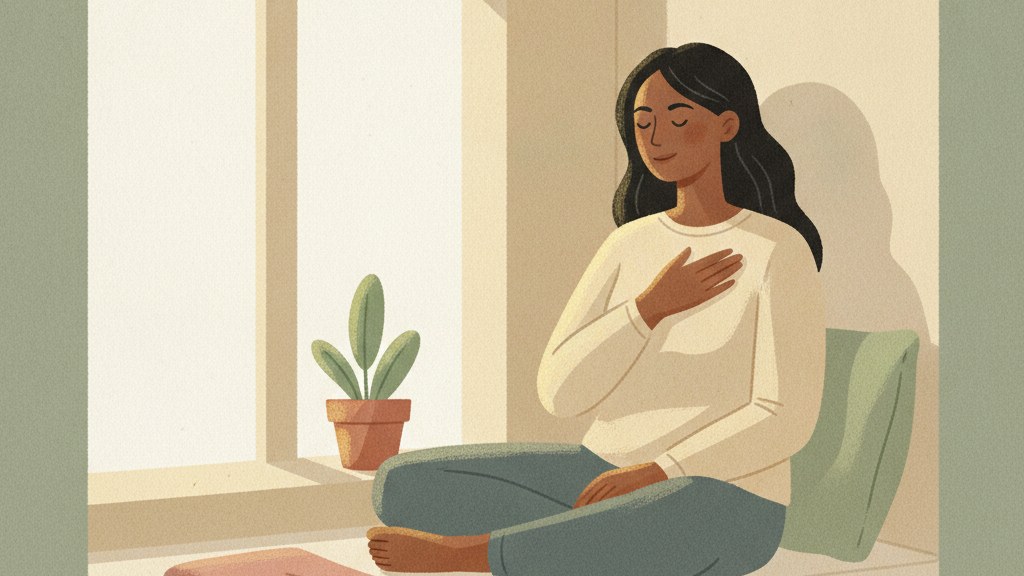 A woman sitting alone by a window with a hand resting on her chest, calm and self-attuned, representing self-validation