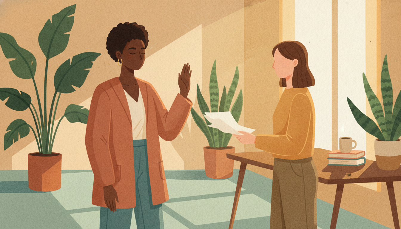 Professional politely declining a request at work, representing saying no at work