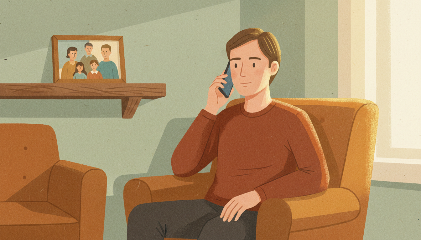 Person calmly declining a family request while maintaining warmth and connection