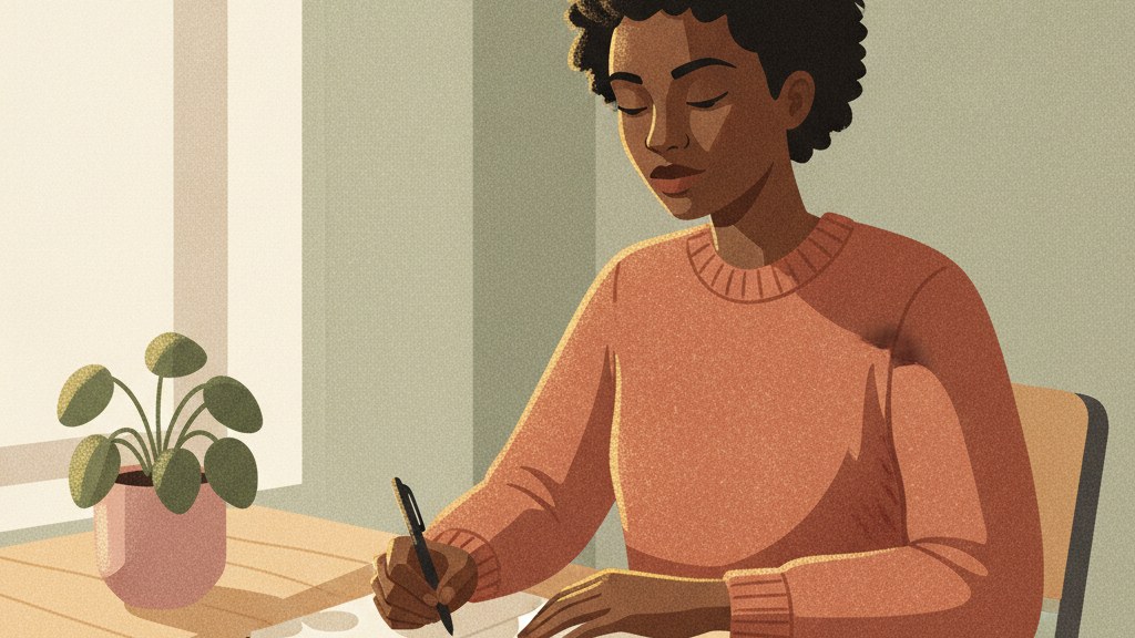 Person at a desk working through a saying no worksheet, writing down the requests they want to decline