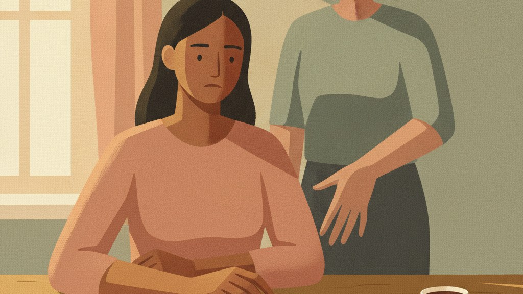 A person at a kitchen table reaching for their keys and phone while another figure's hand hovers over the objects, representing everyday coercive control examples