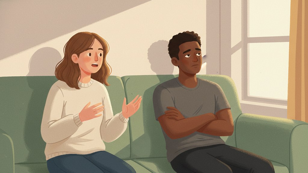 A figure mid-eye-roll while another speaks, representing contempt in a relationship