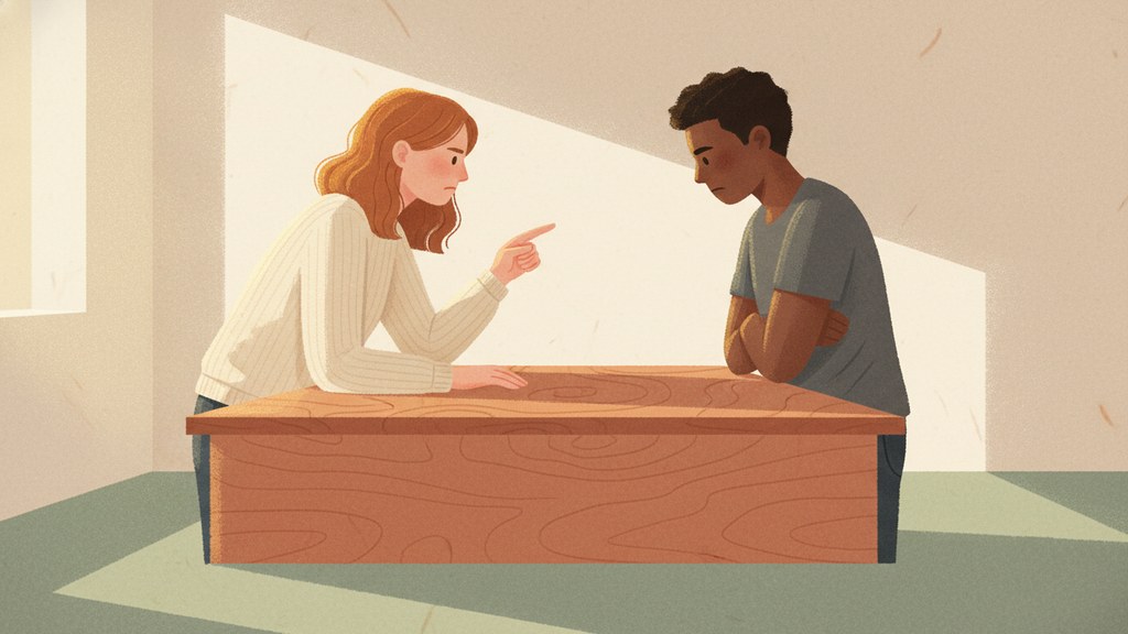 One partner pointing accusingly at the other, who sits closed off, representing criticism in a relationship