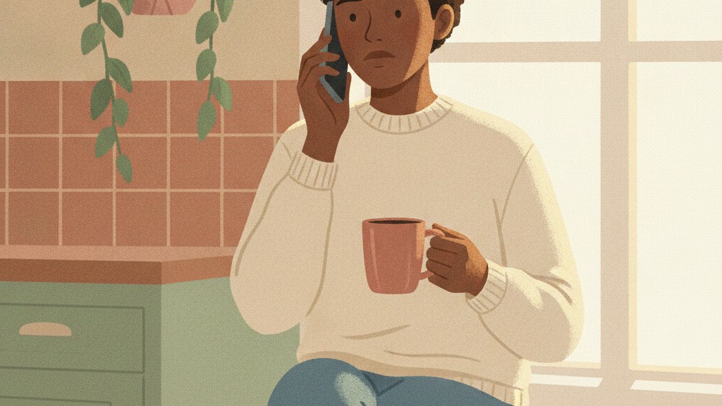 An adult child on a phone call sitting at a kitchen window in soft morning light, illustrating how to respond to a guilt-tripping parent