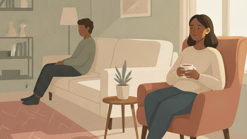 A person sitting calmly with a cup of tea while another person turns away in silence, representing how to respond to the silent treatment without chasing