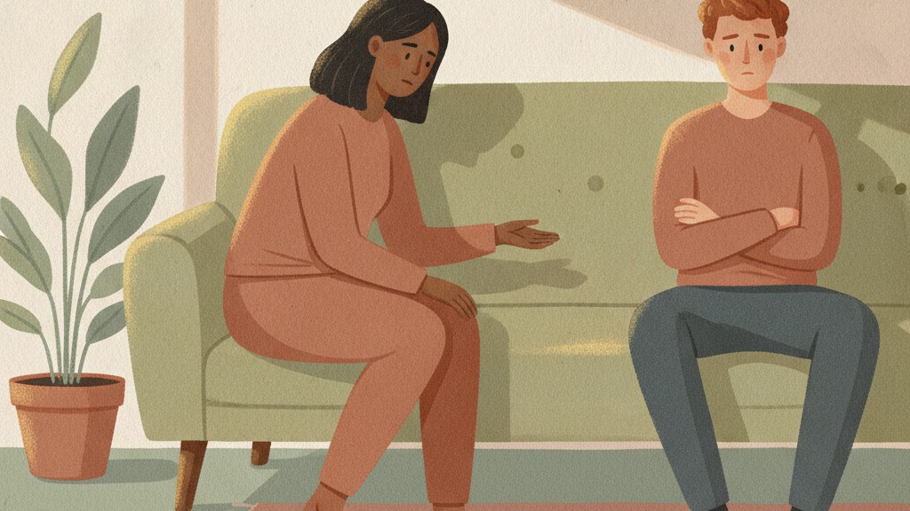 One partner trying to make contact with the other, who sits turned away in silence, illustrating how to respond to stonewalling