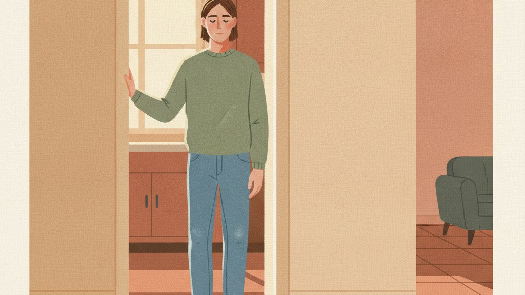 A figure standing in a kitchen doorway, calm and grounded, illustrating how to respond to verbal abuse without engaging the content