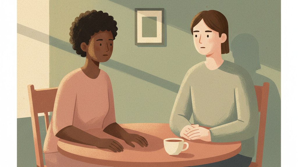 Two figures seated across a small table in difficult, attentive conversation, illustrating the conditions for recovering from contempt in a relationship