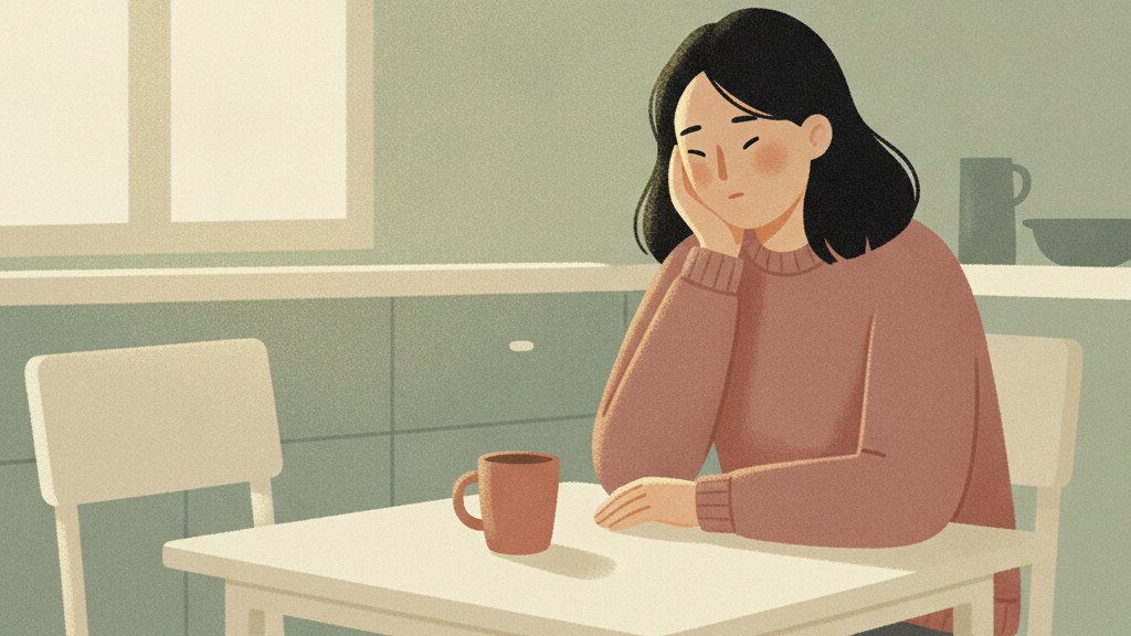 A figure sitting at a kitchen table holding their head as words land around them, illustrating verbal abuse examples in a domestic setting