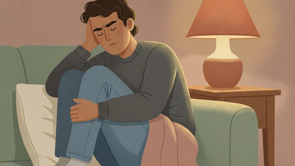 A figure curled on a couch in dim evening light with their body tensed, illustrating what happens to your brain in an abusive relationship at the nervous-system level