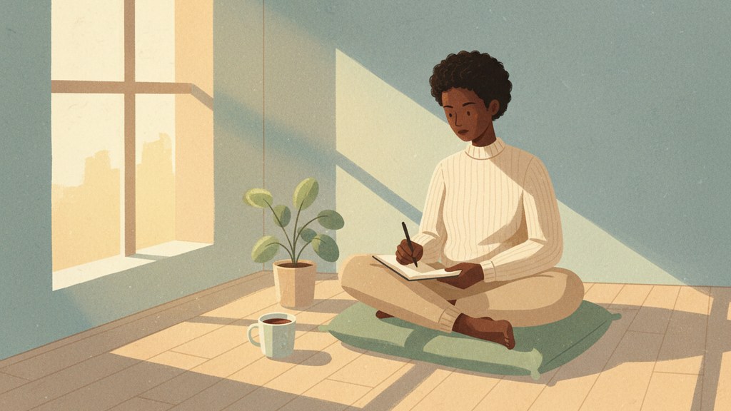 Illustration of a person reflecting in a journal, representing the weekly reflection exercise