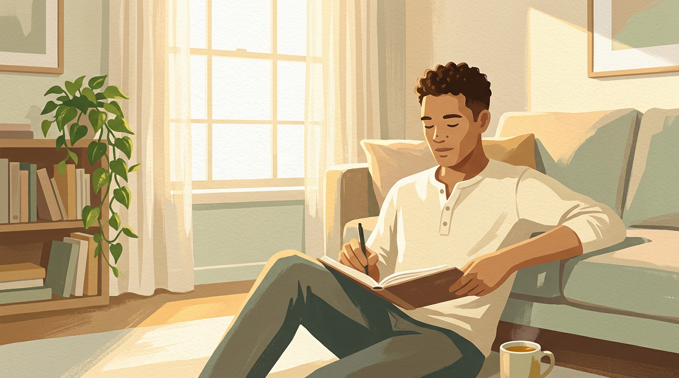 Man sitting on the floor journaling in a sunlit room