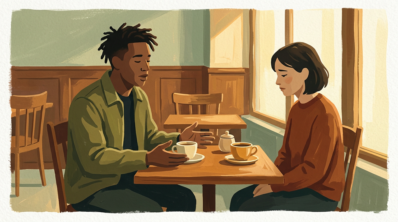 Two people having a calm, direct conversation at a cafe table