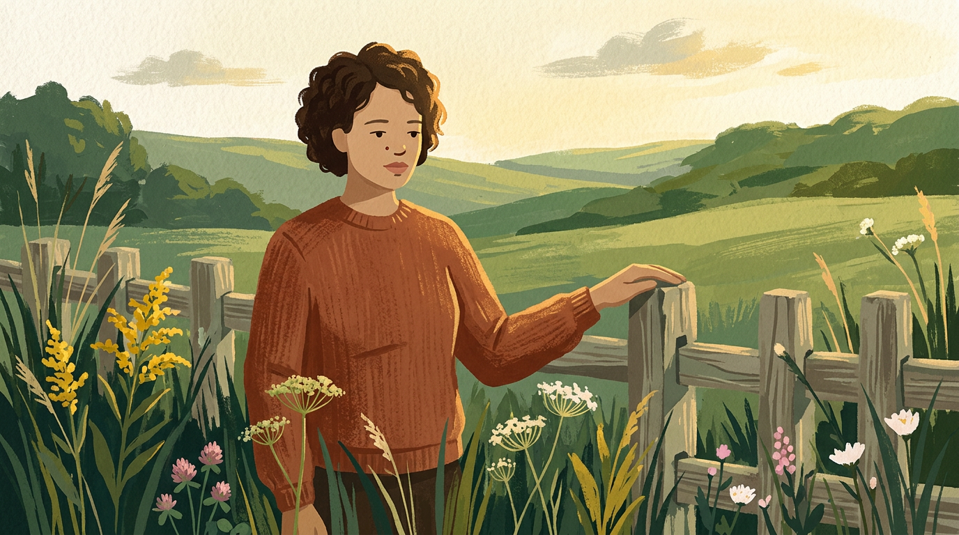 Woman standing at a garden fence with rolling green hills behind her
