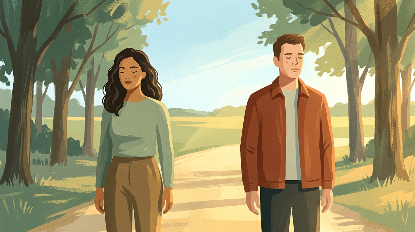 Two people walking a sunlit path with healthy space between them