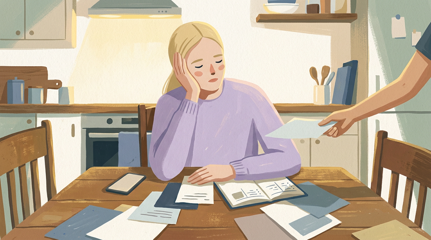 Woman looking overwhelmed at a kitchen table while a hand reaches in with more work