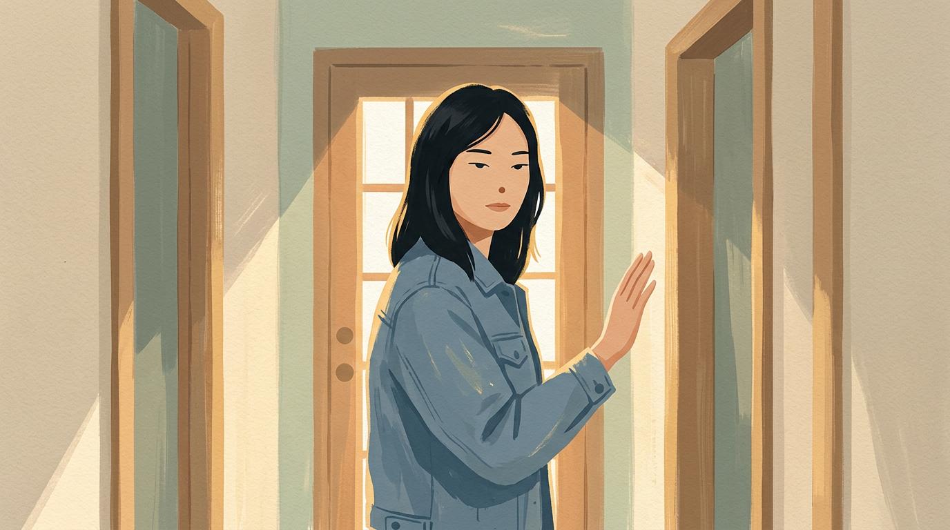 Woman in a hallway holding up her hand in a gentle stop gesture