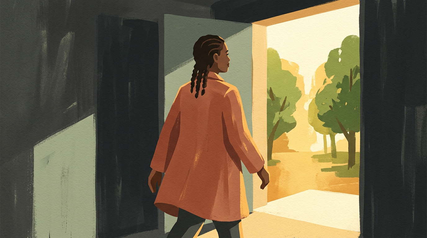 Woman walking from a dark room toward a bright doorway filled with light