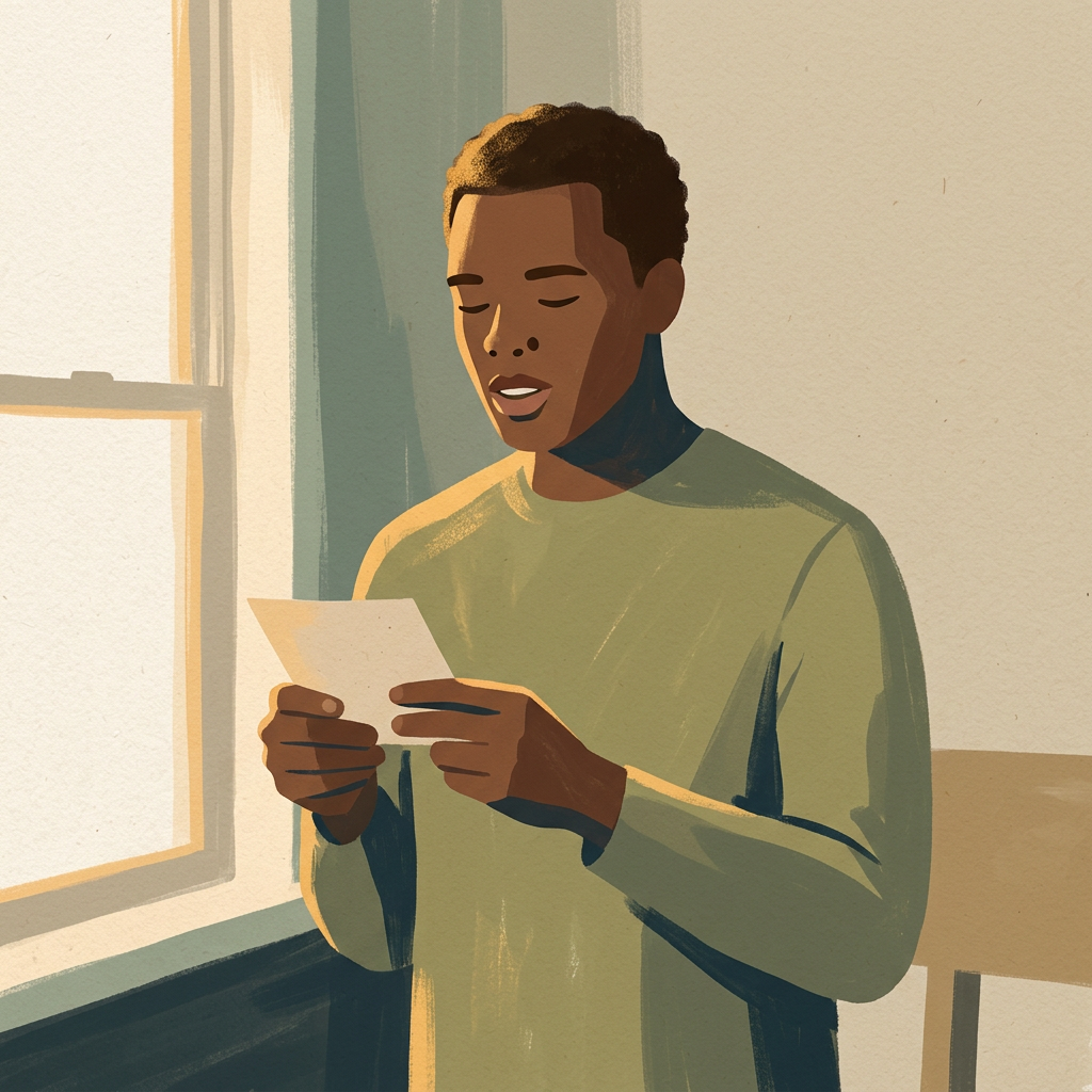 Man standing by a window reading a boundary script card