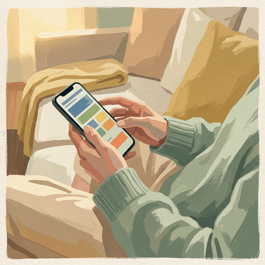 Hands holding a phone and taking a quiz on a couch