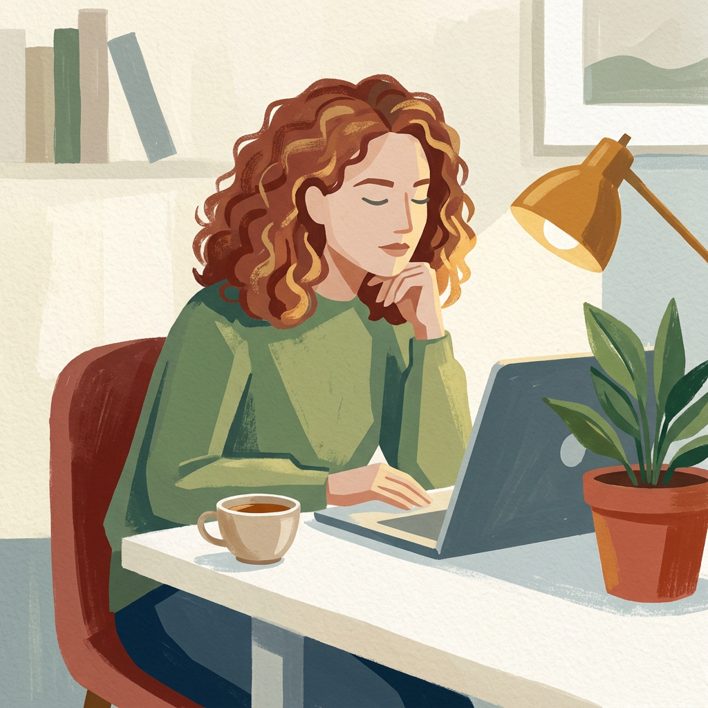 Woman at a desk looking at quiz results on a laptop